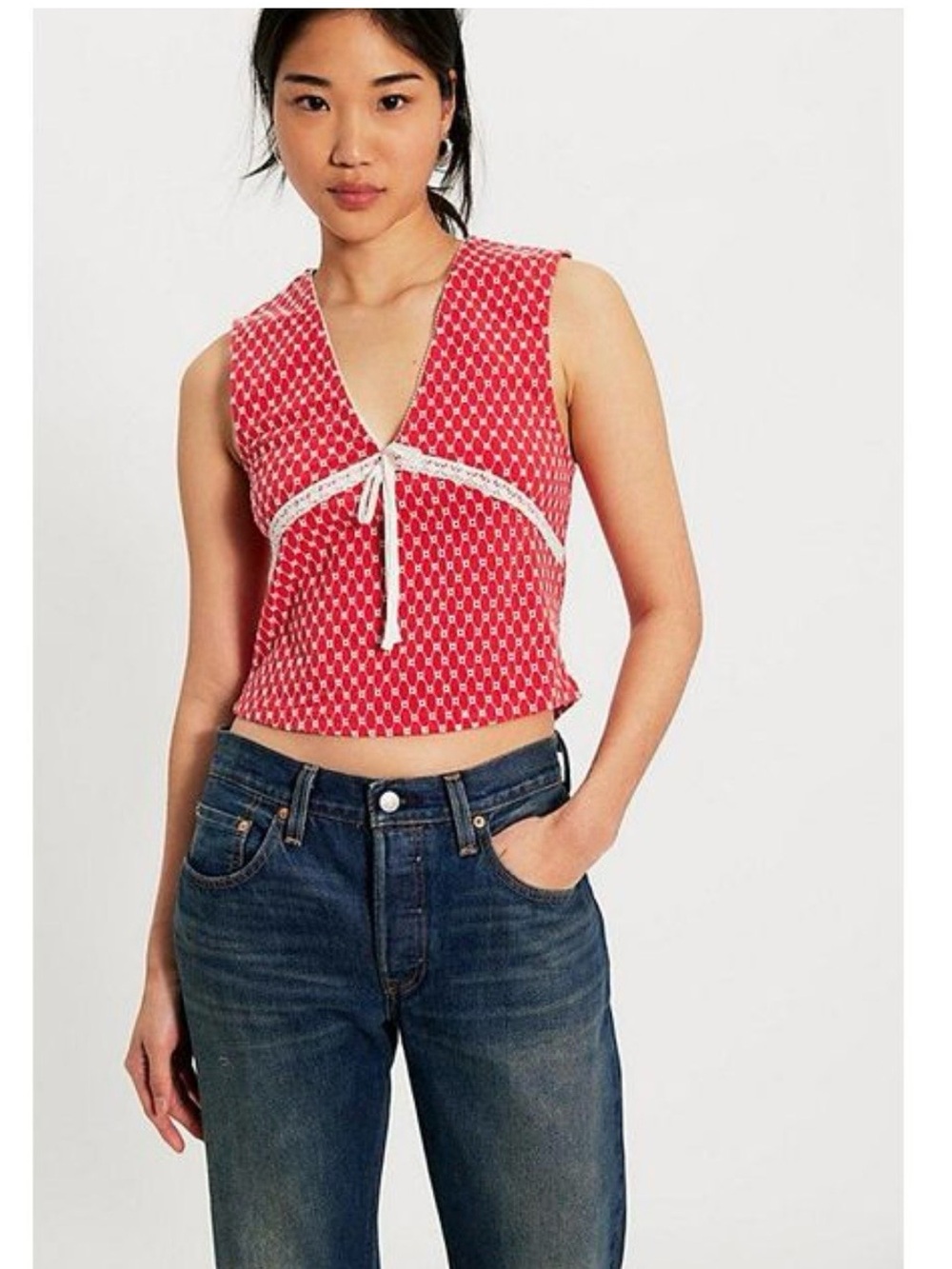 NWOT Free People Good Graces Red Printed V-Neck Tie-Front Crop Tank